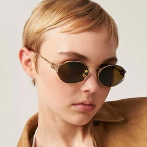 NEW Miu Miu MU52YS 7OE01T Brass Gold Dark Brown Oval Unisex Sunglasses